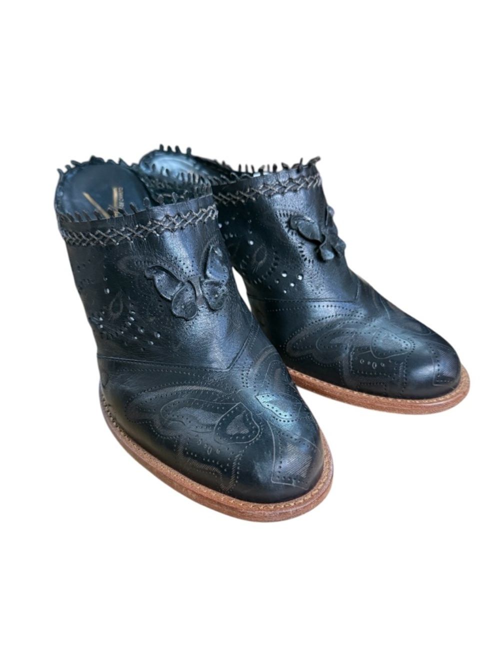Vince Camuto Western Black Leather Butterfly-Accent Embroidered Mules Size 9